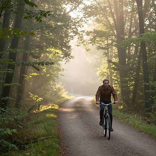 Photograph of a bearded man in a brown jacket cycling on a sunlit, gravel forest path with tall trees on either side.
