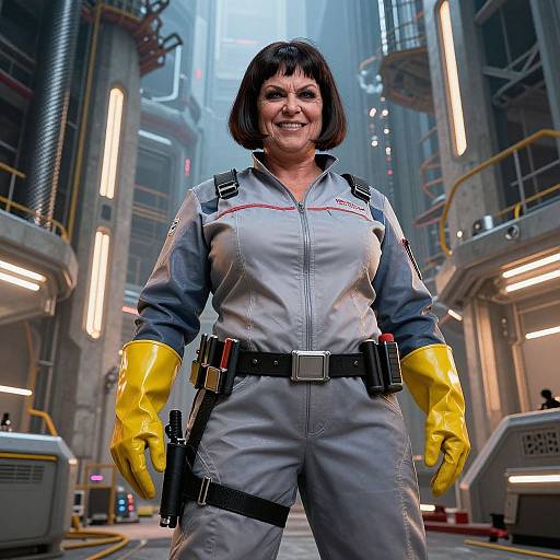 Photograph of a confident middle-aged woman with short black hair, wearing a gray jumpsuit, yellow gloves, and utility belt, standing in a futuristic