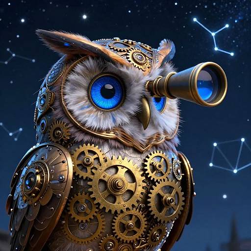 Digital art of a steampunk owl with blue eyes, golden gears, and a telescope on its beak, set against a starry night sky
