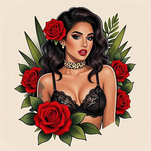 Vibrant Woman with Roses Tattoo Art