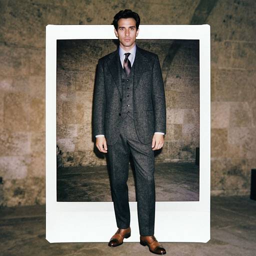 Photograph of a handsome man in a dark gray three-piece suit, white shirt, and dark tie, standing against a textured stone wall with a white