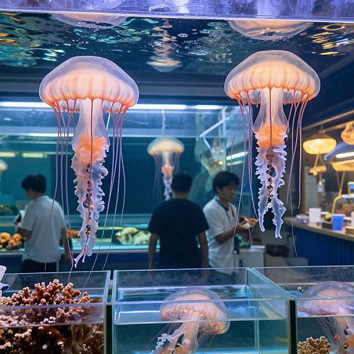Photograph of glowing jellyfish with orange and white hues, floating above a marine-themed aquarium display, with blurred staff in background.