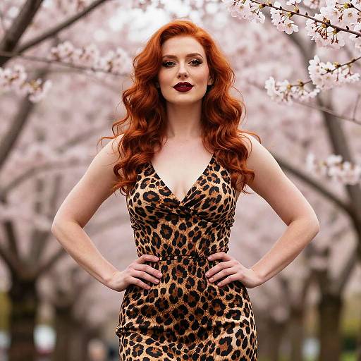 Confident Woman in Leopard Print Dress Among Cherry Blossoms