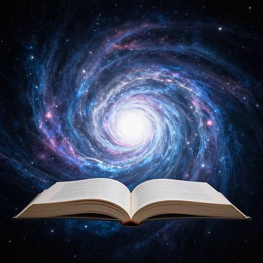 Open book with white pages floating in space, surrounded by a vibrant, swirling blue and white galaxy. Digital artwork.