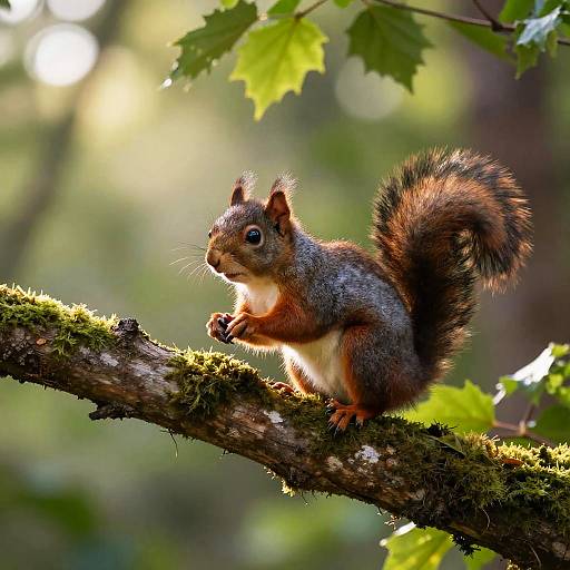 Photograph of a small, fluffy gray squirrel with a bushy tail, sitting on a moss-covered branch, holding food, surrounded by bright green leaves