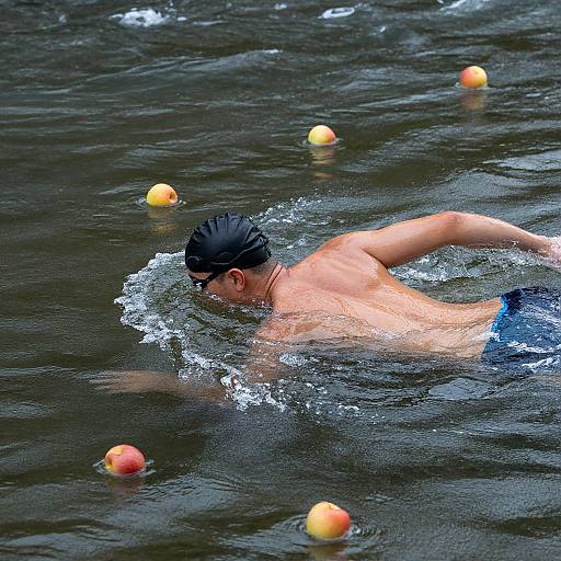 Man Swimming Amid Floating Apples