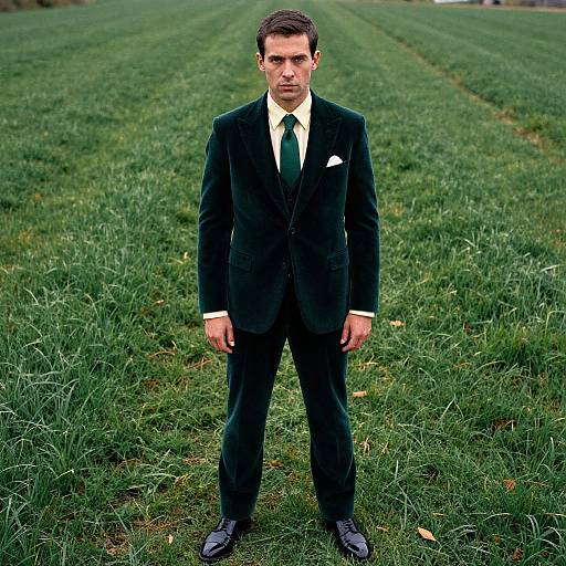 Photograph of a serious-looking man in a black velvet suit, white shirt, and black tie, standing in a green field.