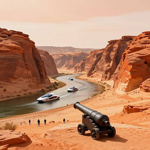 Photograph of a desert canyon with red rock cliffs, a winding river with three boats, and a black cannon in the foreground. Four figures stand near
