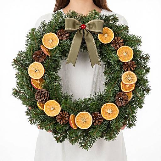 Photograph of a green Christmas wreath adorned with orange slices and pinecones, tied with a green ribbon, worn by a person in a white