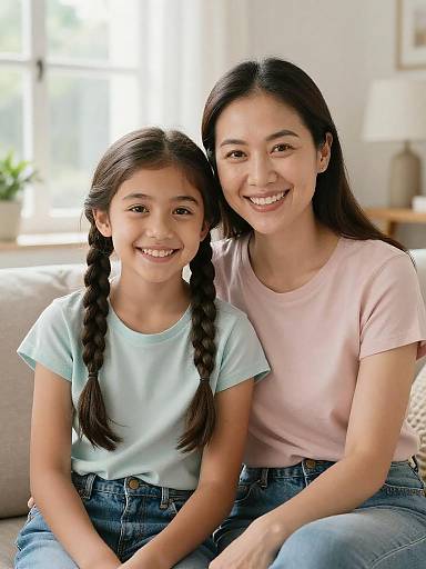 Smiling Asian Mother and Daughter Sitting Together