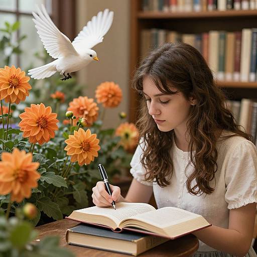 Photograph of a young woman with wavy brown hair, wearing a white blouse, writing in an open book surrounded by orange dahlias, with a