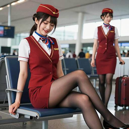 Airline Flight Attendant in Red Uniform at Airport