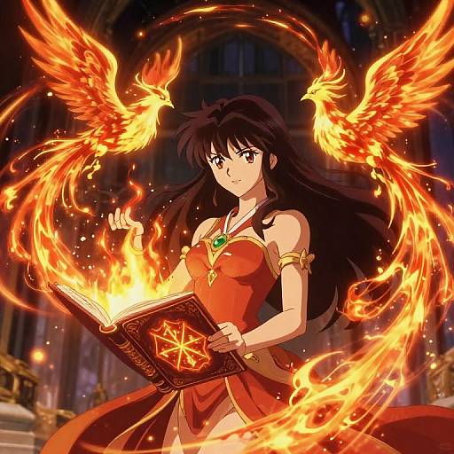Anime Sorceress Casting Flaming Phoenix Spell