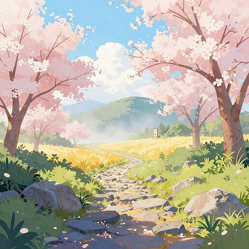 Pastel Cherry Blossom Morning Landscape