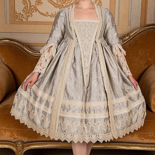 Photograph of a woman in an elaborate, silver-grey Victorian-style dress with intricate white lace trim, standing in front of an ornate, brown velvet