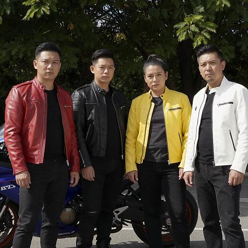 Group of Four People in Colorful Leather Jackets Standing Outdoors with Motorcycle