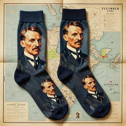 Photograph of two dark navy socks featuring a large, detailed portrait of Theodor Roosevelt, with a mustache, on a vintage map background.