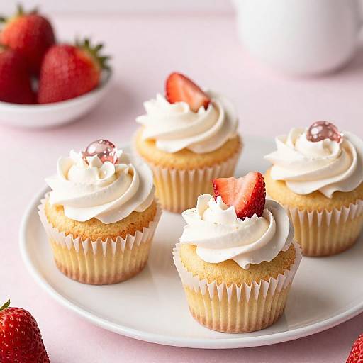 Photograph of four vanilla cupcakes with swirled white frosting, topped with strawberries and cherry jellies, on a white plate. Background includes a