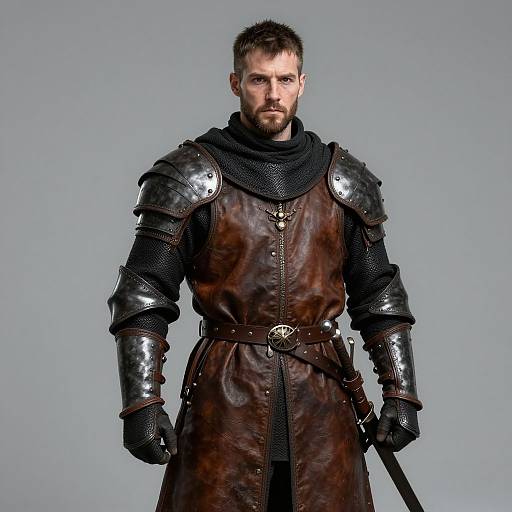 Photograph of a serious, bearded man in medieval-style armor, with dark leather tunic, shiny pauldrons, black mesh neckguard,