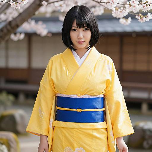 Photograph of an Asian woman with a black bob haircut, wearing a bright yellow kimono with a blue obi, standing in front of cherry bloss