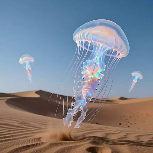 Photorealistic CGI of glowing jellyfish floating above a sandy desert under a clear blue sky, with three jellyfish in the background.
