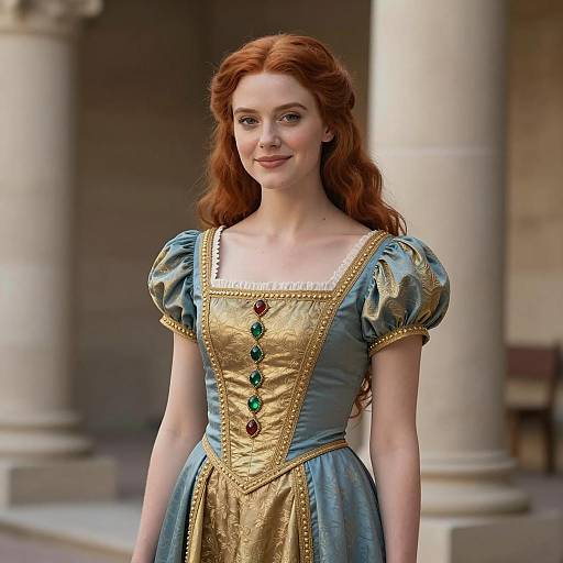 Young Woman in Medieval Dress with Gem Embellishments