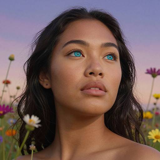 Photograph of a young woman with striking blue eyes, long dark hair, and tan skin, standing in a vibrant flower field at sunset.