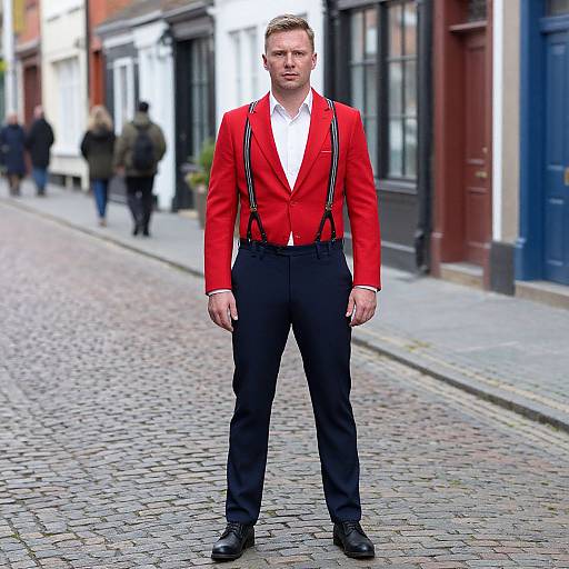 Photograph of a serious, fair-skinned man in a bright red blazer, white shirt, black trousers, and suspenders, standing on a