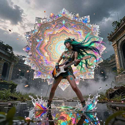 Digital art: Muscular woman with green hair, tribal tattoos, and black shorts, stands confidently under a glowing, colorful mandala umbrella, splashing