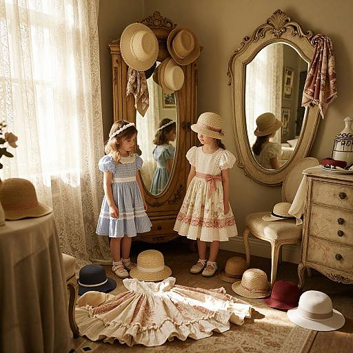 Photograph of two young girls in vintage dresses and straw hats, standing in a sunlit, antique-filled room with hats and mirrors.