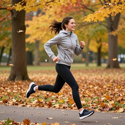 Photograph of a young woman with light skin and brown hair, running in an autumn park. She wears a gray jacket, black pants, and black
