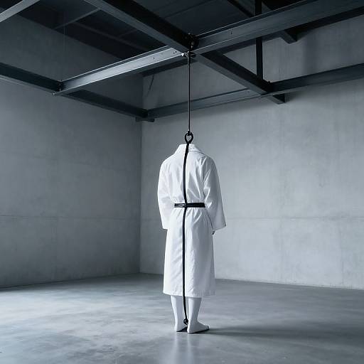 Photograph of a person in a white lab coat, standing in a dimly lit, industrial room, suspended by a black harness.