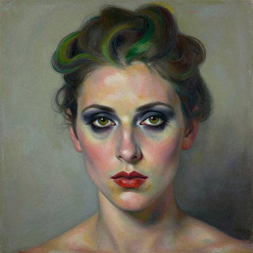 Digital painting of a serious, fair-skinned woman with dark, smoky eyes, red lips, and wavy green-highlighted brown hair against a