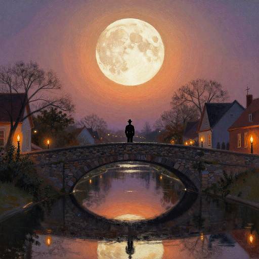 Silhouetted figure stands on stone bridge at night, under glowing full moon, reflecting in calm water, surrounded by lit houses. Digital art.