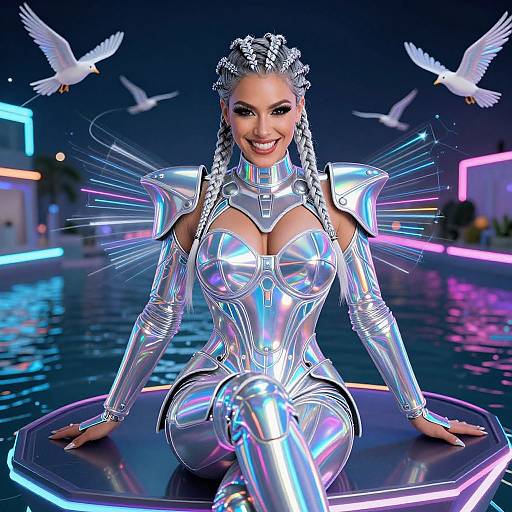 Cyberpunk digital artwork of a smiling woman with silver braided hair, wearing a shiny, metallic, futuristic outfit, seated on a glowing platform with