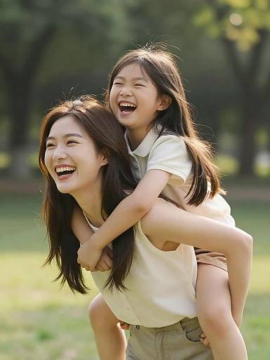 Mother and daughter piggyback in park