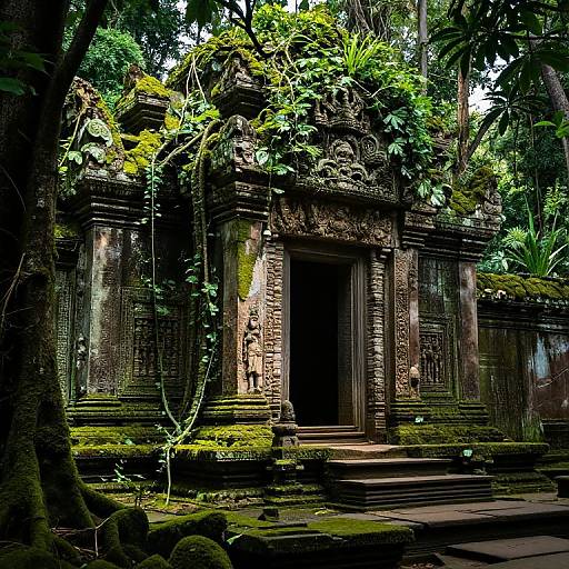 Photograph of an ancient, moss-covered stone temple with intricate carvings, partially obscured by lush green foliage and vines in a dense jungle setting.