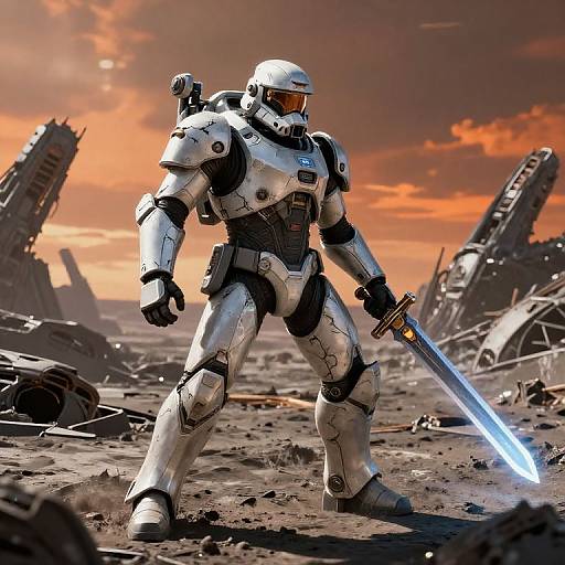 CGI sci-fi image of a white-armored space warrior with a glowing blue sword standing on a ruined, orange-skyed planet.