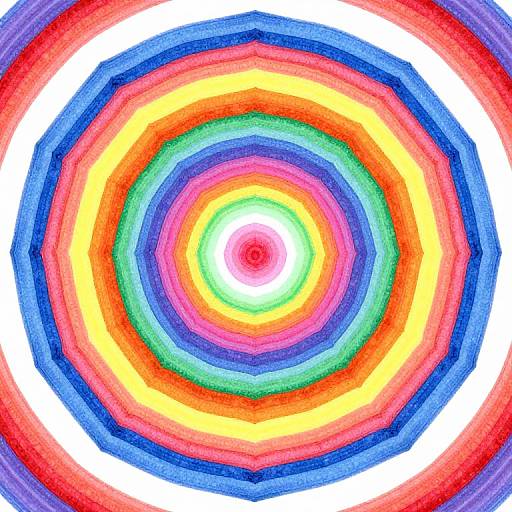 Vibrant, colorful, concentric circle drawing with rainbow hues of red, orange, yellow, green, blue, and purple on a white background