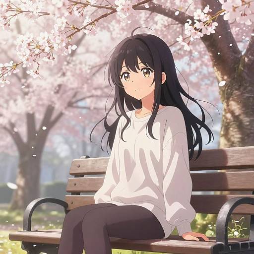 Anime-style digital illustration of a young girl with long black hair, wearing a white sweater and black pants, sitting on a park bench under cherry blossom trees