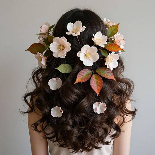 Photograph of a woman with long, wavy black hair adorned with white and pink flowers, and green and orange leaves.