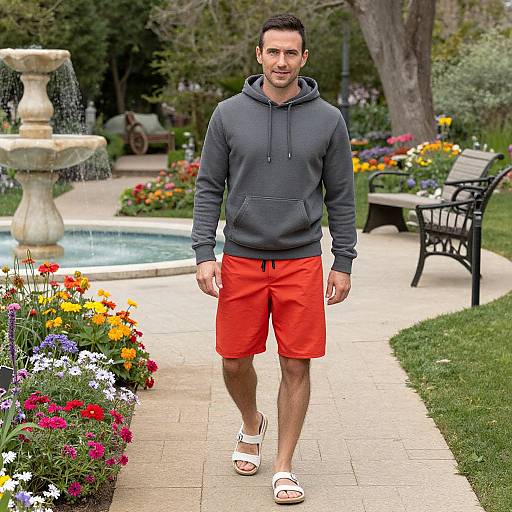 Photograph of a muscular man with short dark hair, wearing a gray hoodie, red shorts, white sandals, walking on a garden path by a fountain