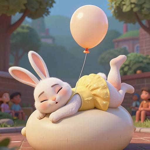 CGI image of a white, fluffy bunny with pink ears, lying on a white balloon, wearing yellow shorts, holding a pink balloon, in a