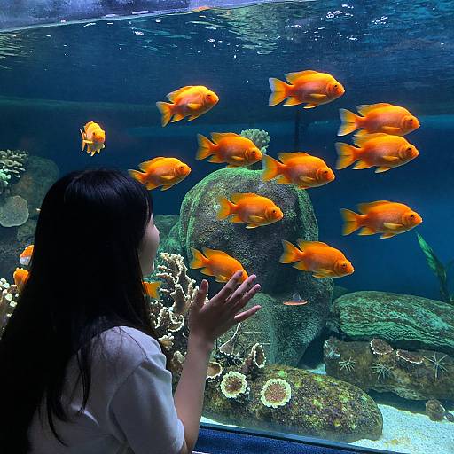 Photograph of a young Asian woman with long black hair, wearing a white shirt, gazing at vibrant orange fish swimming around a large rock in a
