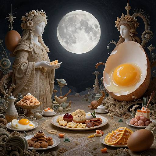 Photograph-like digital art: Two white, statue-like female figures with ornate headdresses, one holding eggs, other with cracked egg, moonlit