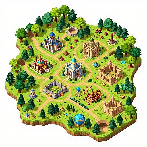 Vibrant isometric digital illustration of a fantasy island with colorful buildings, trees, winding paths, blue domes, and ancient ruins.