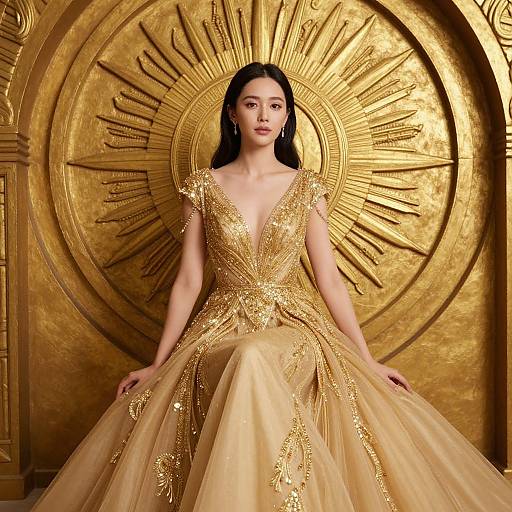 Elegant Woman in Golden Sunburst Gown