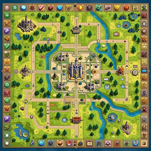 Colorful digital game board with a medieval castle at the center, surrounded by rivers, forests, buildings, and various icons.