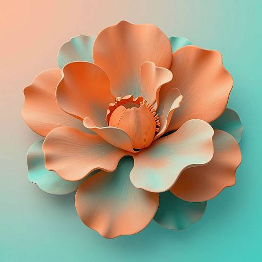 Digital artwork of a vibrant, orange and teal flower with ruffled petals, glowing against a gradient blue and peach background.