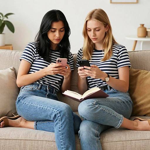 Two Girls Reading on Denim Couch